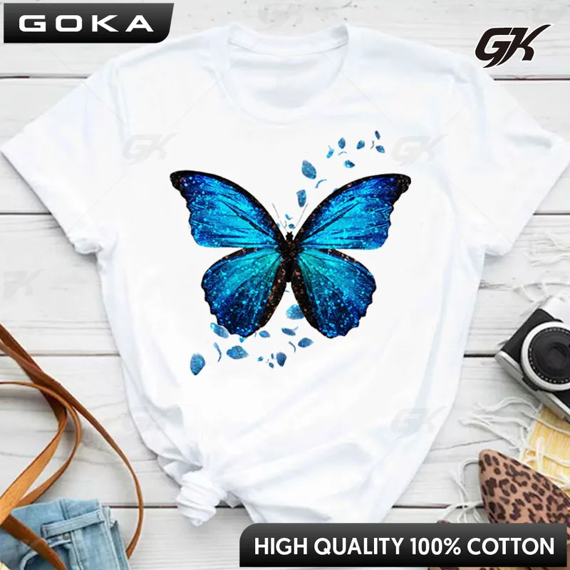 Maycaur New Colorful Butterfly Print Short Sleeve T Shirt Fashion Women Cartoon Graphic Tee Shirts Female Tops Clothing