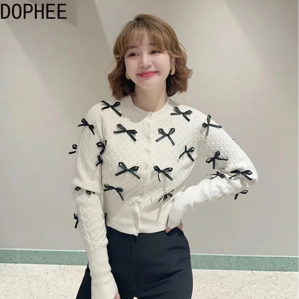 Japanese 2026 New Spring Long Sleeve Knitted Cardigans Top O-neck Single-breasted Elegant Bow Slim Women Knitting Crop Sweater