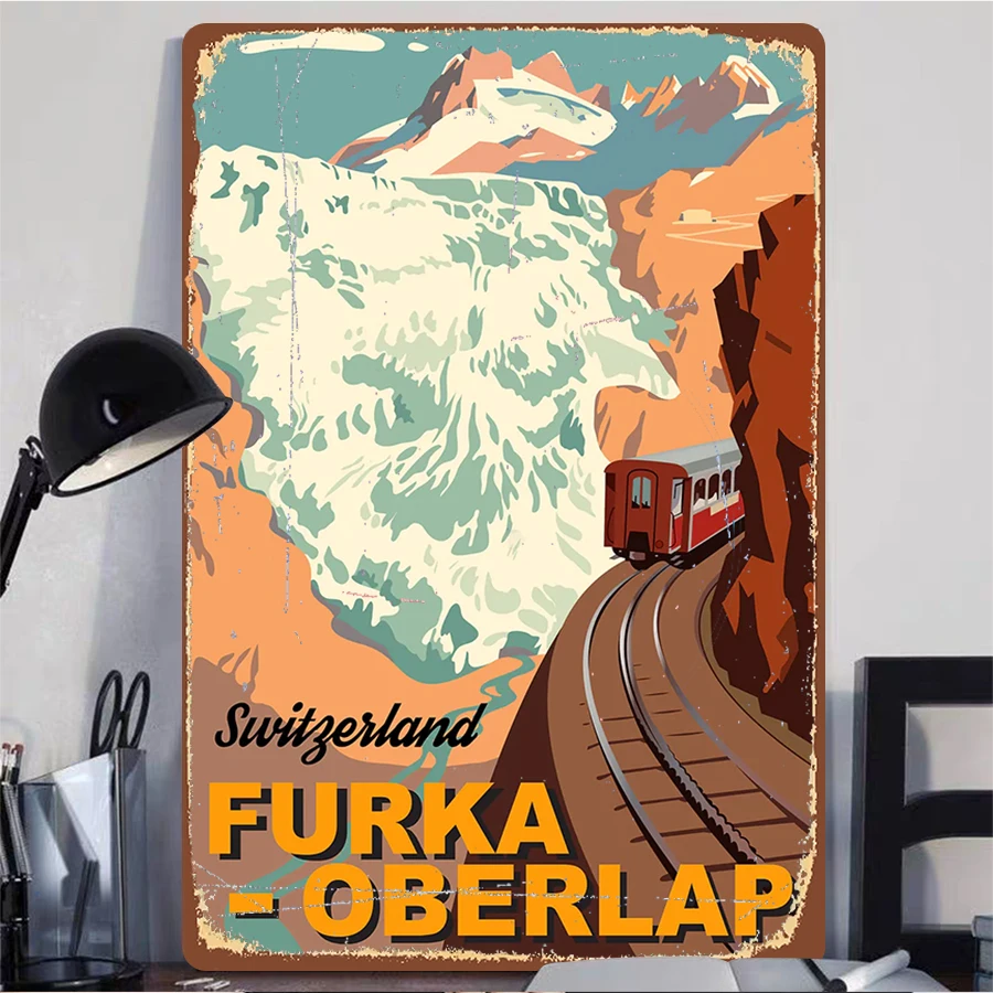 Swiss Classic Railway Landscape Metal Wall Art Vintage Travel Decor Furka Oberlap Pass Scenic Painting