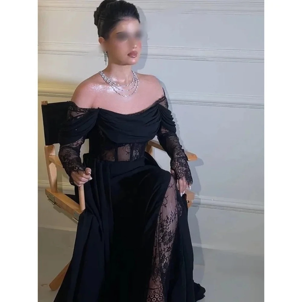 

Black Evening Dress Customized Off Shoulder Lace Long Sleeves A Line Prom Gowns Slit Floor Length Elegant Party Dress