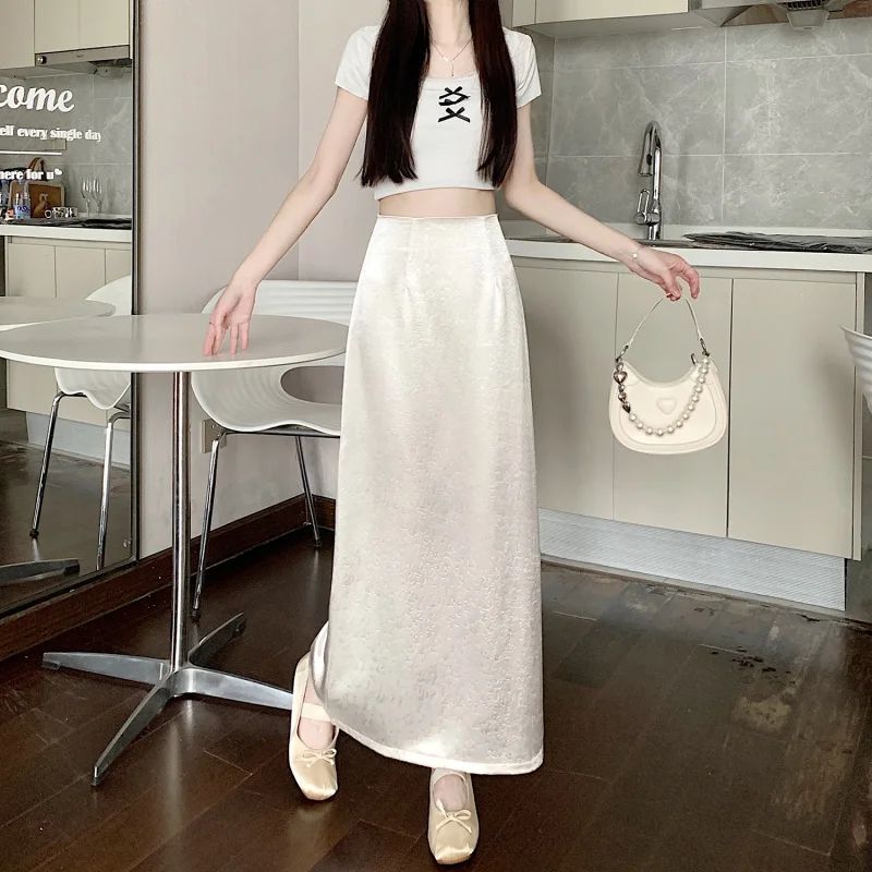 2025 New Summer French Retro Acetate Satin Straight Midi Skirt Slimming Mid-Length Versatile Flowing Long Skirt