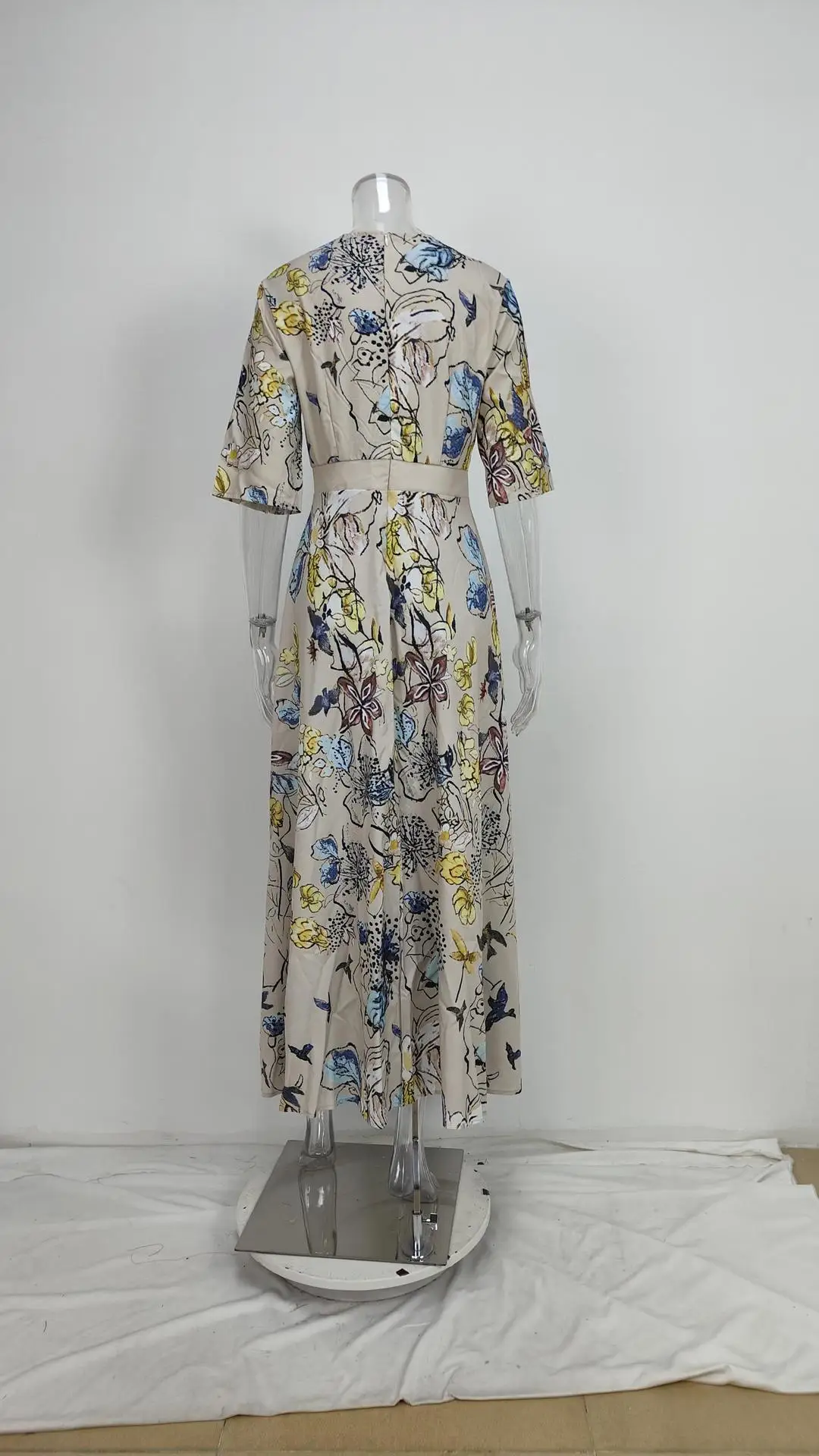 Frühling Sommer Frauen Mode V-ausschnitt Belted Party Langes Kleid Kurzarm Tasche Femlae Urlaub Übergroßen Lose Druck Maxi Kleider – Detail 20
