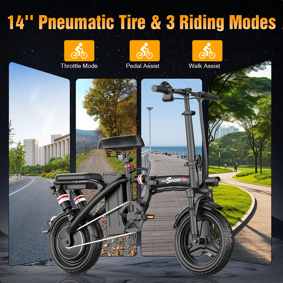 ASKGO 14" Folding Electric Bike for Adults Teens, 500W Peak Commuter Ebike, 20MPH Max Speed, 25 Miles Range, Dual Suspension Dual Brake, 3 Speed Modes Portable Mini E-bike image 7