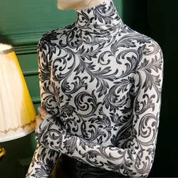 2022 Autumn Winter Pullover High-neck Bottoming Shirt Women's No Velvet Black Slim-fit Floral Bronzing Long-sleeved T-shirt