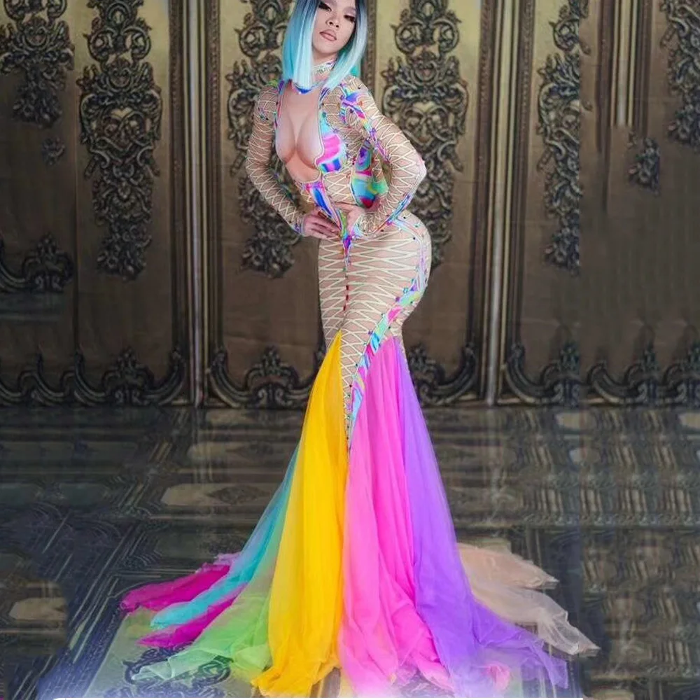 Colorful See-through Long Tailing Dresses Women Birthday Celebrate Party Dress Stretch Leotard Singer Dancer Stage Wear Costumes