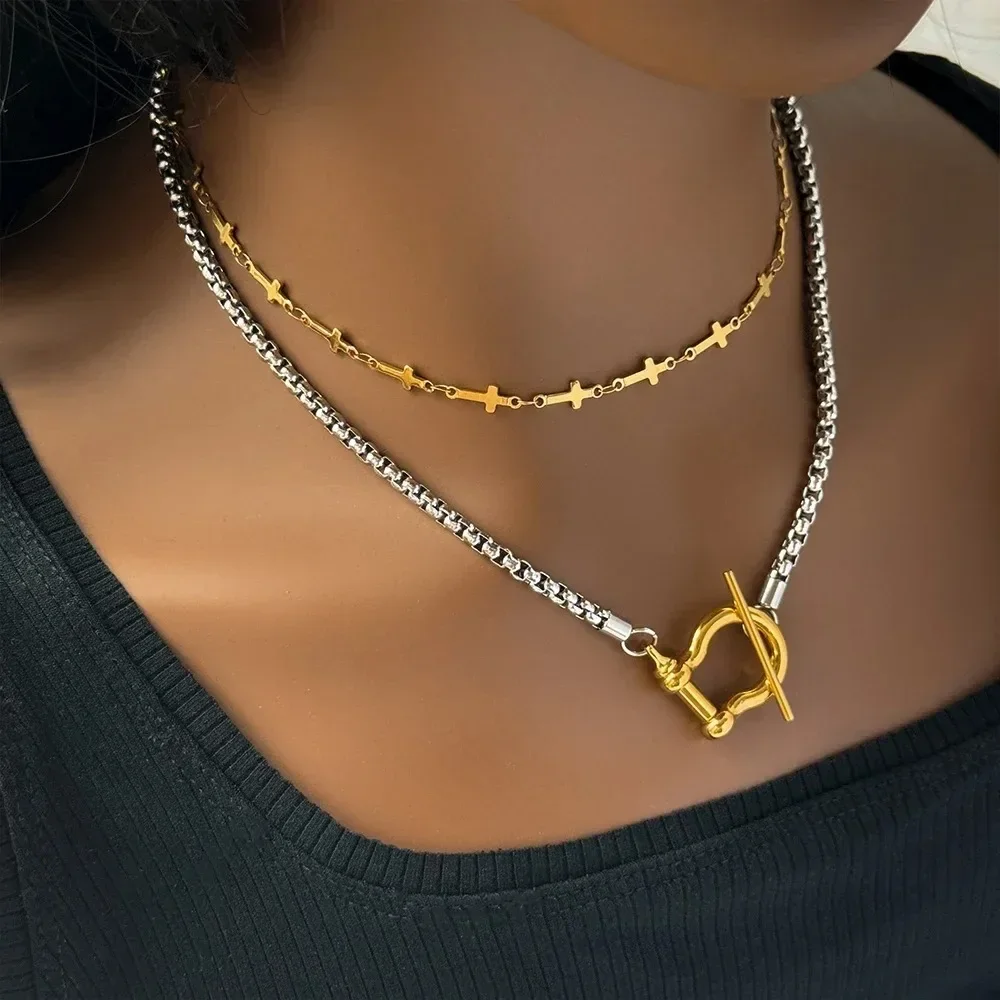 Waterproof Jewelry Stainless Steel 18K Gold Plated Box Chain Choker Two Tone Chunky U Buckle OT Clasp Pendant Necklace for Women