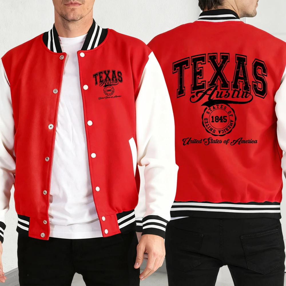 

Texas Austin United States Of America Print Man Loose Jackets Casual Autumn Coat Hip Hop Comfy Baseball Jersey Basics Streetwear