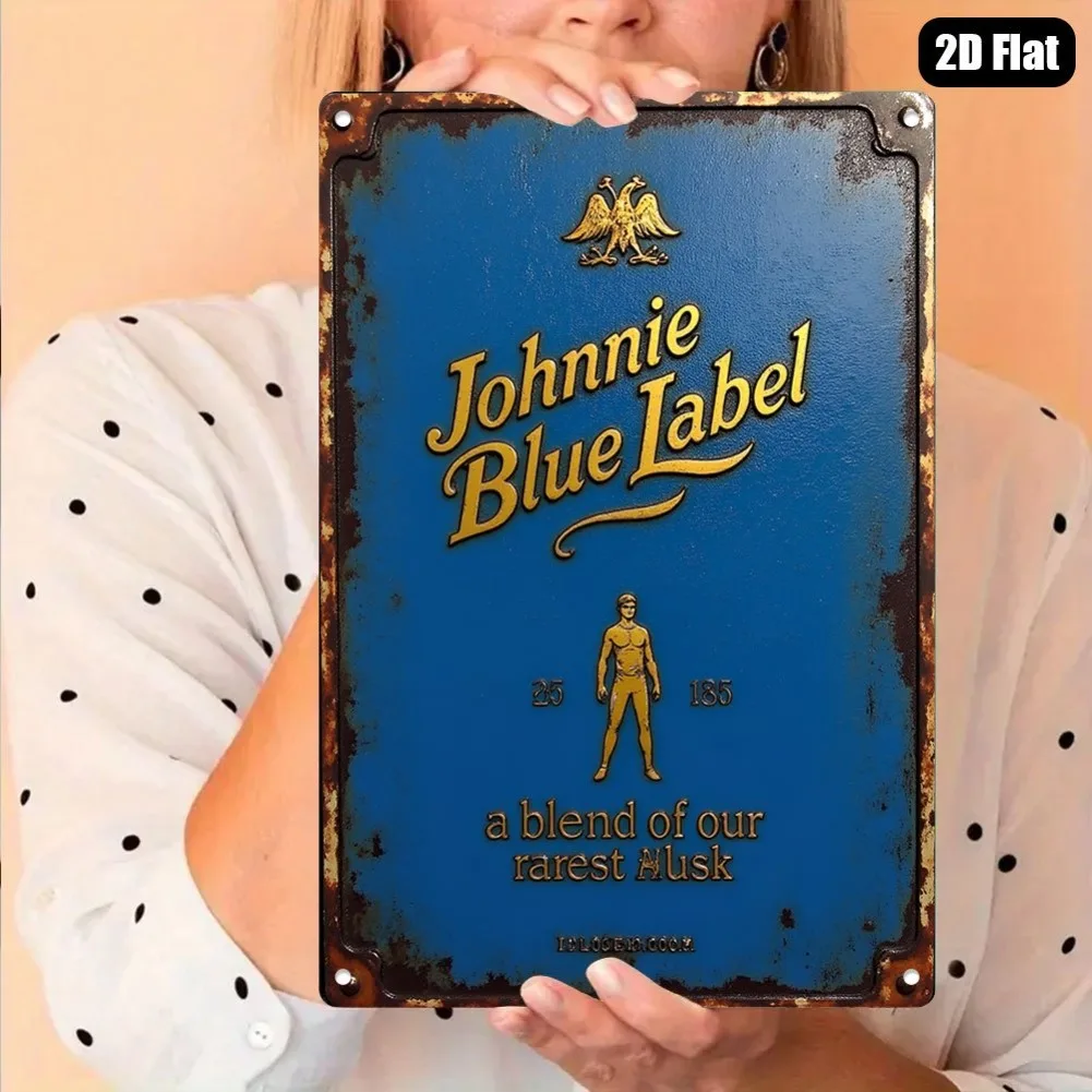 7.87 بوصة × 11.81 بوصة قطعة واحدة من لافتة معدنية مسطحة عتيقة ثنائية الأبعاد - "Johnnie Blue Label" فن الويسكي، ديكور ألومنيوم ذهبي/أزرق للدراسة/الصالة #4