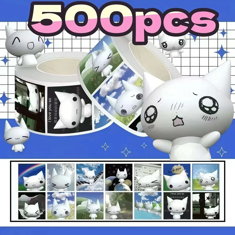 500Pcs Cute 3D White Cat Stickers, Retro Cartoon Kitten Pattern Label Stickers, Aesthetic Decor for Journal Packaging DIY