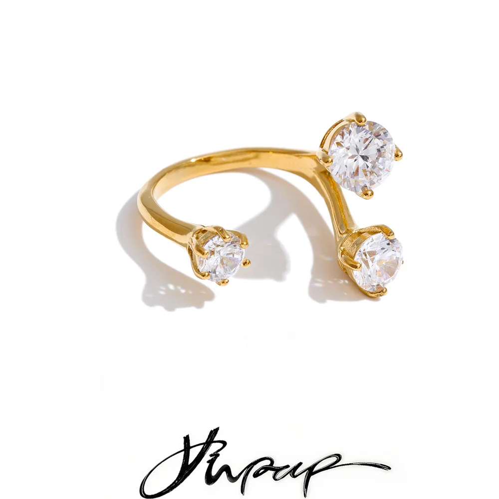 טבעת מתכת נירוסטה מבריקה עם זירקוניה מתכווננת, מצופה PVD 16K, תכשיט מובחר לנשים, מתנה