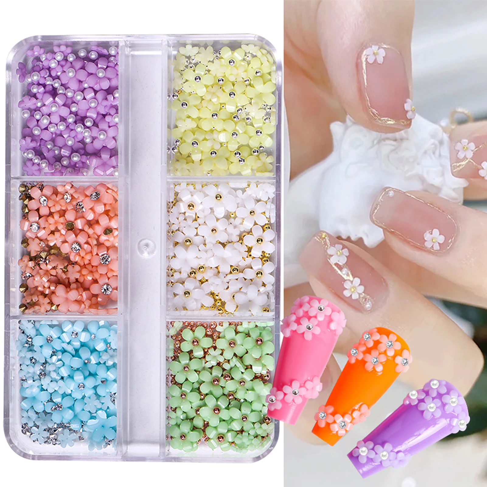Hot Selling 6 Grids Macaron 3D Resin Five-petal Flowers Nail Art Deaoration Mixed Small Nail Ball/Crystal/Flamer Accessories