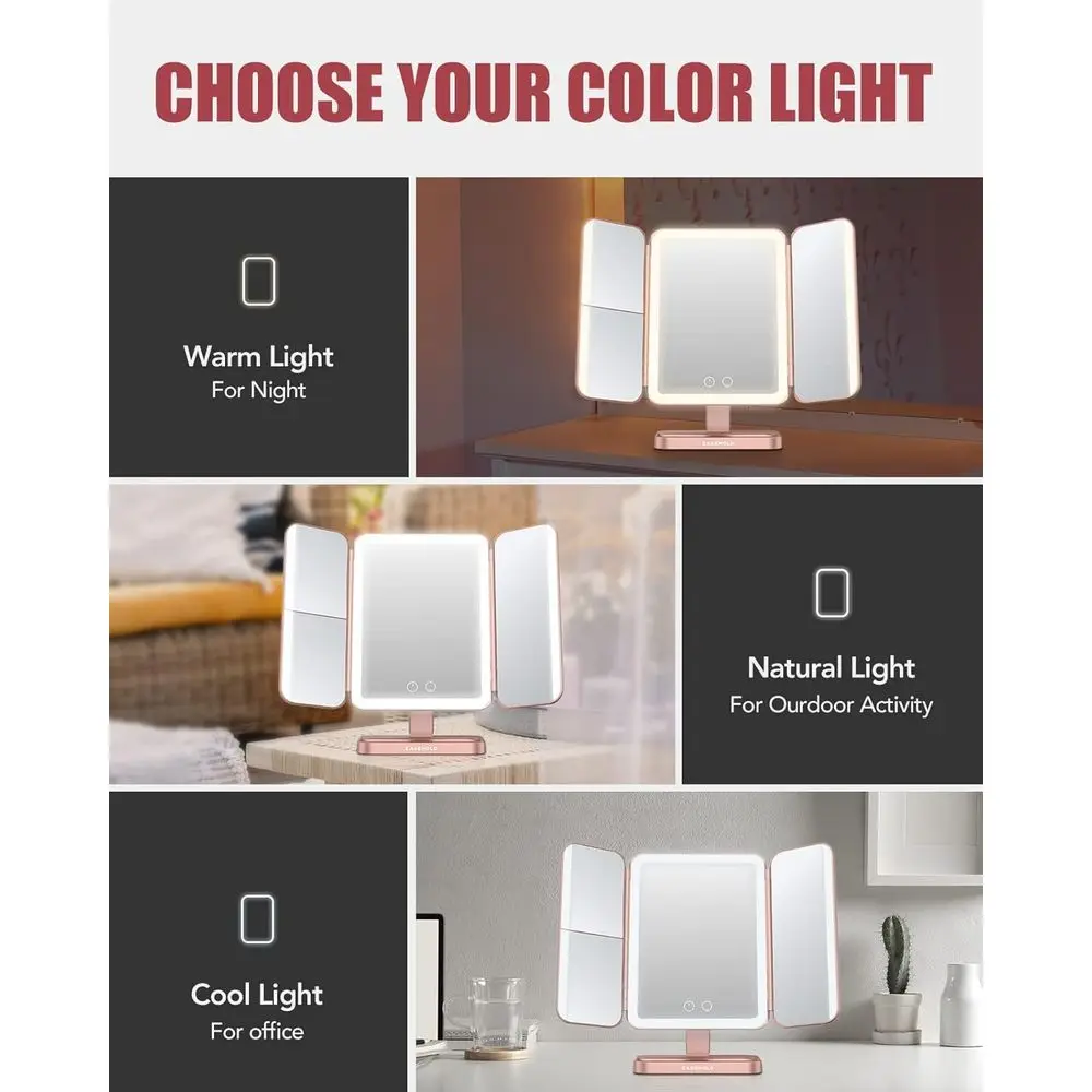 Miroir de courtoisie éclairé avec 116 LED, lumière tricolore, grossissement 2X/3X/10X, batterie 5000mAh, commande tactile, miroir de maquillage G
