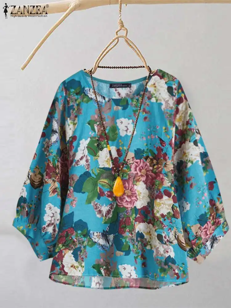 ZANZEA Women 2024 Round Neck Tops Casual Korean Loose Floral Printed Blouse Fashion Autumn 3/4 Sleeve Tunic Holiday Blusas Femme