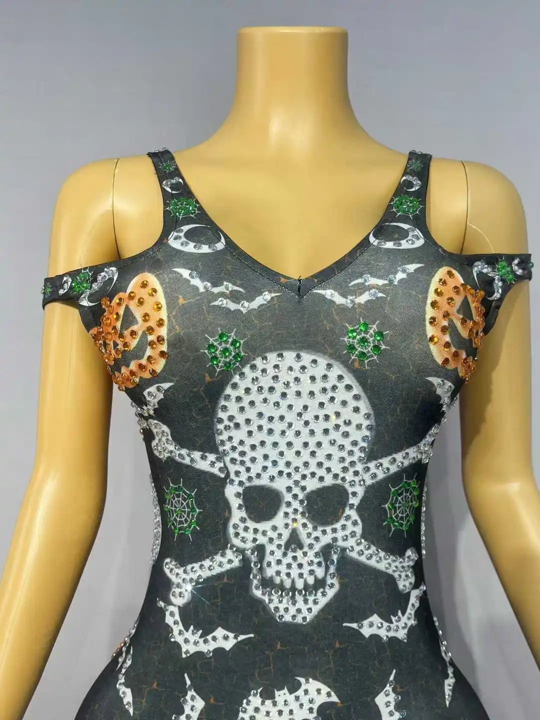 섹시한 할로윈 프린팅 반짝이는 라인스톤 장식 점프수트 파티 축하 쇼 클럽 의상 무대 공연복