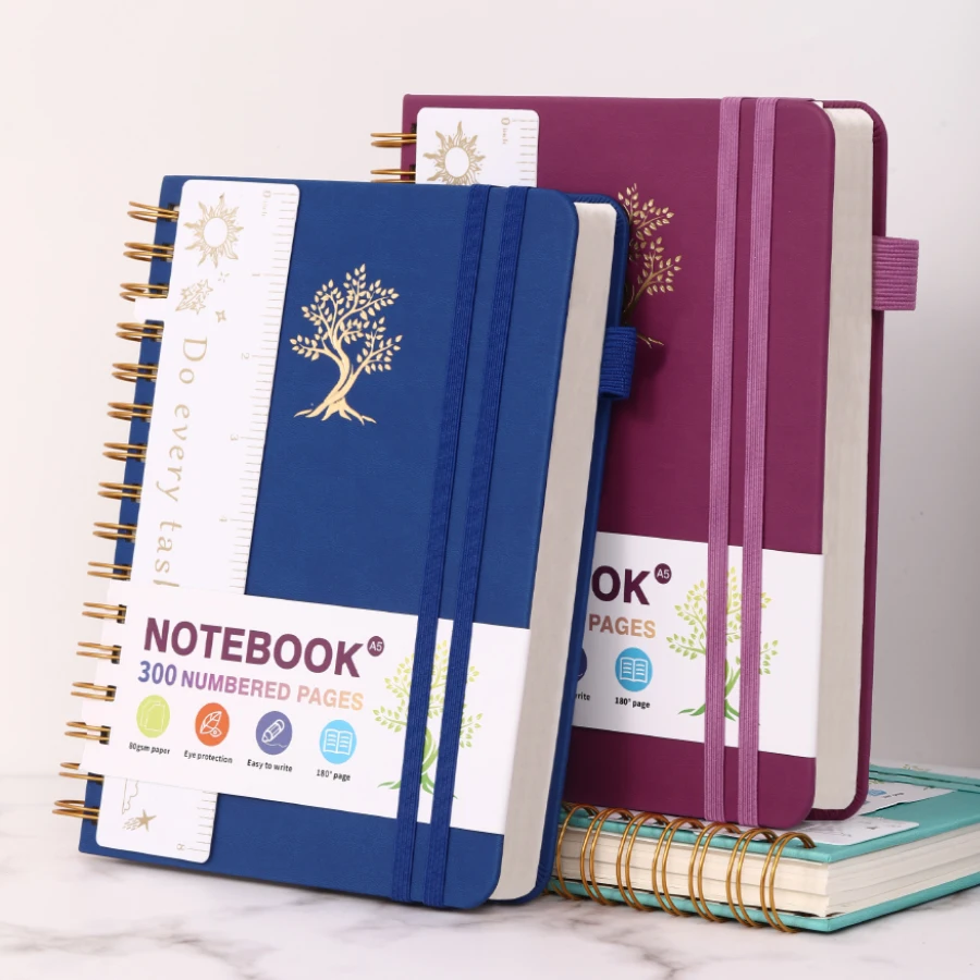 Carnet de notes A5 à spirales, couverture rigide, 300 pages lignées numérotées, pour femmes, hommes, école