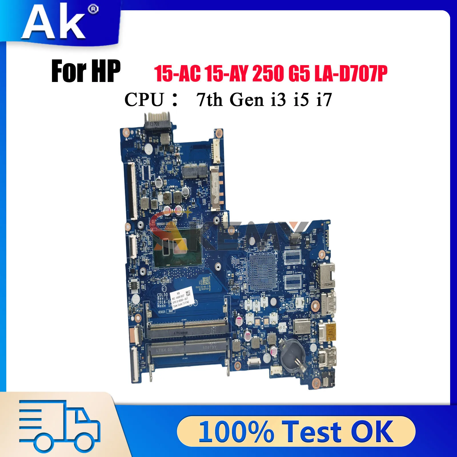 

LA-D707P Материнская плата для ноутбука HP Pavilion 15-AY с процессором i3 i5 i7 7-го поколения UMA 914598-601 914598-001 100% полностью протестирована