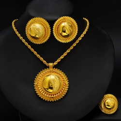 Eritrean Ethnic Style Jewelry Set Gold Color Necklace Pendant Ring Earring Ethiopian Bride Traditional Wedding Jewelry Gift