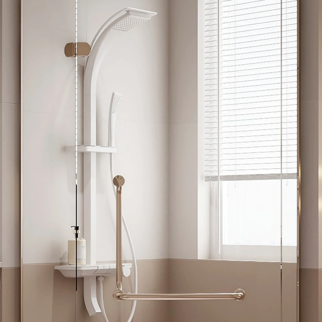 Modern Contemporary Multifunction White Piano Rainfall Thermostatic Wall Mount Head Shower Faucet Set Brass Ceramic Apartment