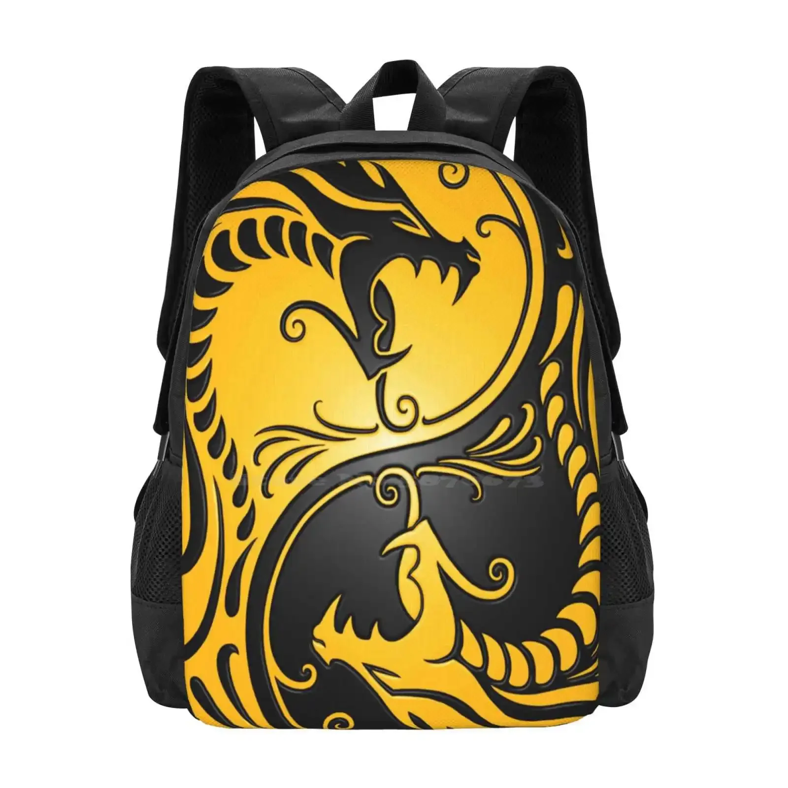 

Yin Yang Dragons Yellow And Black Hot Sale Schoolbag Backpack Fashion Bags Yin Yang Dragons Taoism Tao Tribal Dragon Forces
