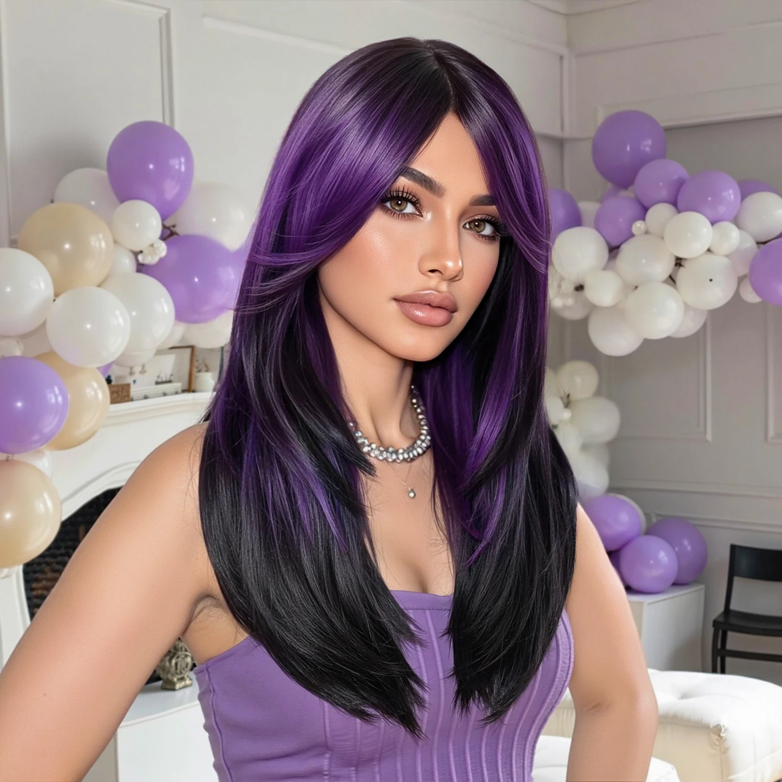 Testar Fashionable Black To Purple Short Synthetic Cosplay Wigs Natural Looking For Women Daily Party Use Heat Resistant Fiber