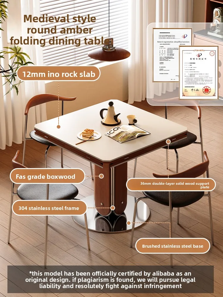 Rock slab dining table variable round table household small apartment folding square and round dual-purpose light luxury
