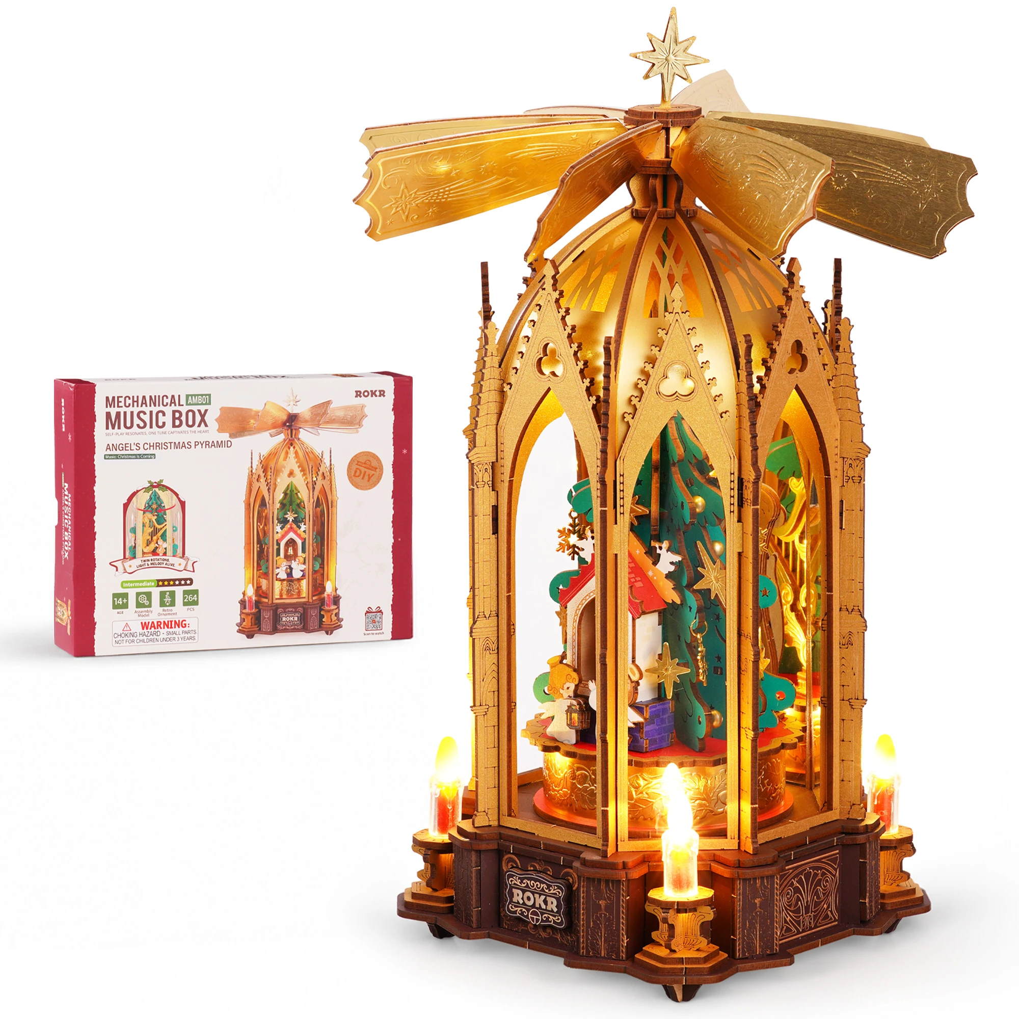 ROKR Wooden 3D Puzzle Toys - Angel's Christmas Pyramid Music Box with LED Light for Christmas Decor 264-pieces DIY Night Light Christmas Gift for Adults