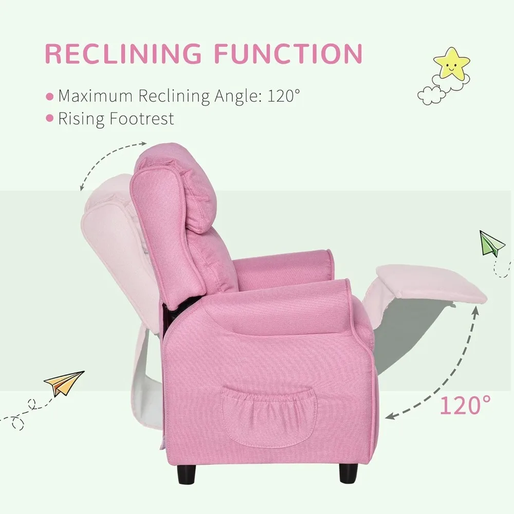 Silla reclinable para niños, sofá para niños, sillón individual ajustable en ángulo, silla para juegos con reposapiés, 2 bolsillos laterales