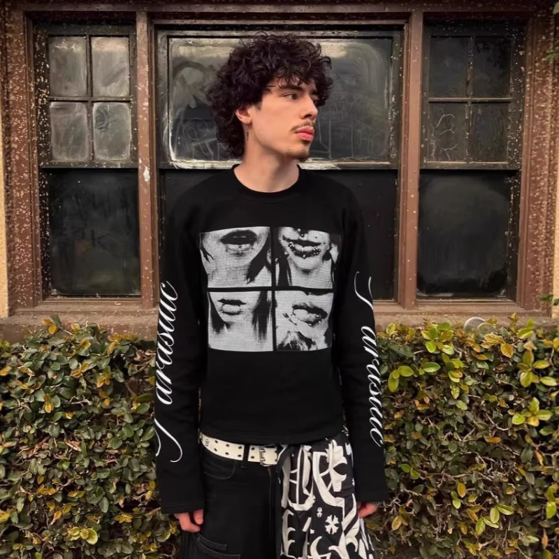 Y2K Harajuku Punk Retro Hip Hop Street Letter Printed Loose T-Shirt Individuality Round Neck Long-Sleeve Casual Sport Couple Top