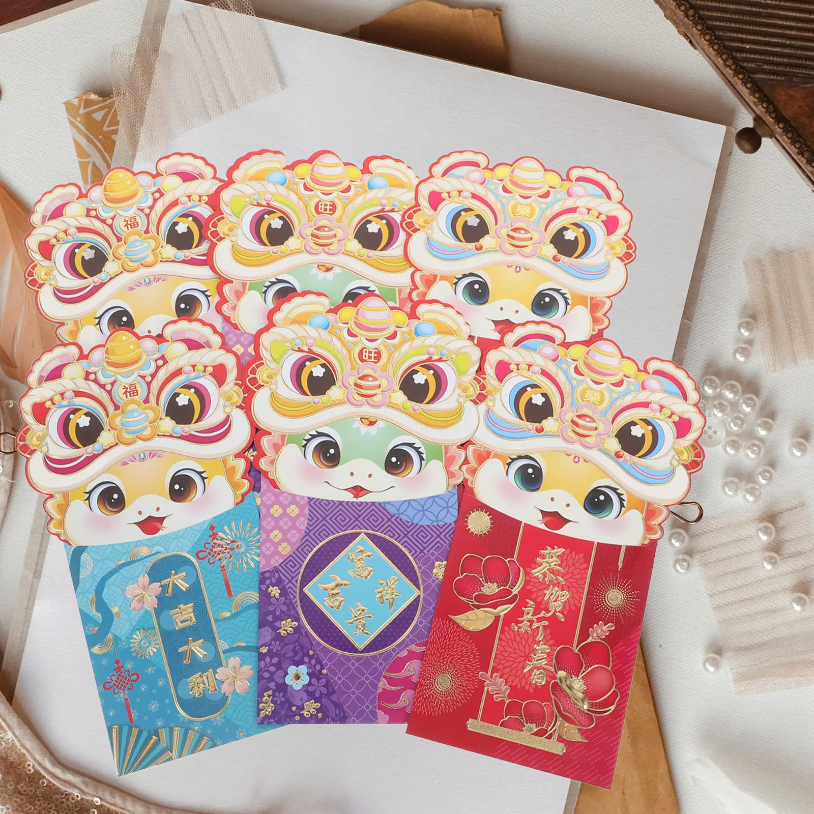 

6 шт. красных конвертов на Китайский Новый год, Год Змеи, с мультяшным дизайном, для денежных подарков на Весенний фестиваль