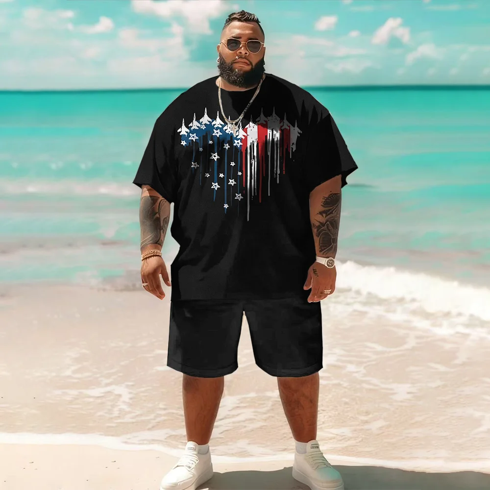 

S-9xl Большой и высокий комплект с короткими рукавами больших размеров (Элемент флага): — Прочный легкий материал, Стильные детали с принтом флага,