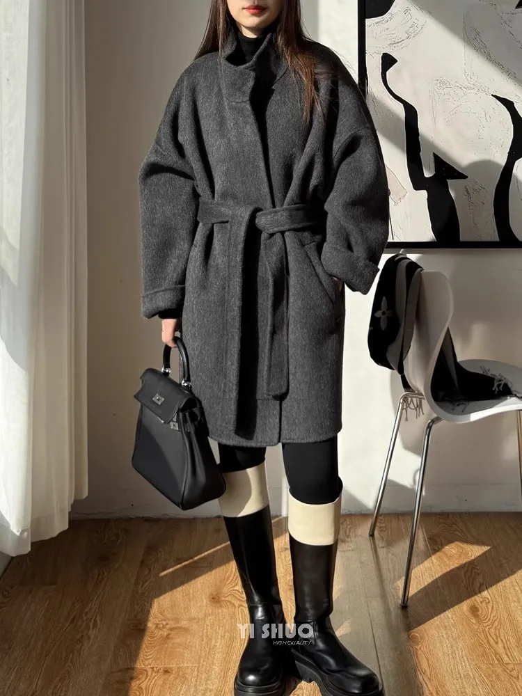 

Накидка с воротником-стойкой, двустороннее шерстяное пальто, женское бежево-серое повседневное свободное теплое шерстяное пальто на осень-зиму 2024, новинка оверсайз