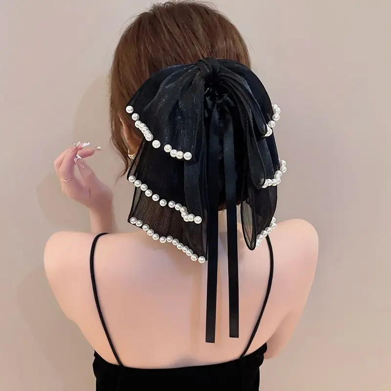 Women Elegant Bowknot Pearls Hair Claws Lady Delicate Hairpins Barrettes Ponytail Clip Headwear Korean Style Hair Accessories