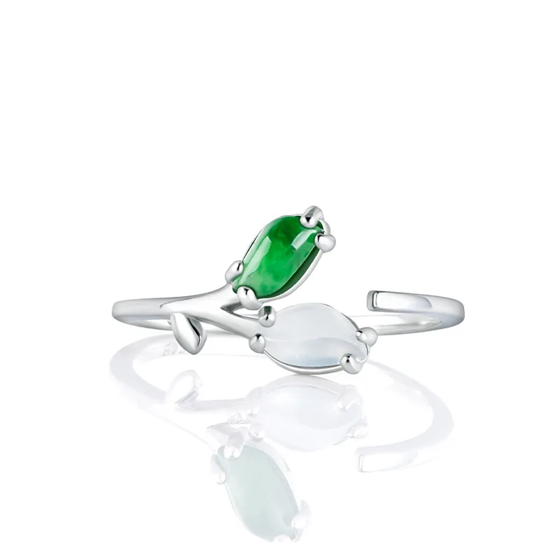 ธรรมชาติพม่าเกรด A Jadeite Horse Eye แหวนน้ําแข็งเมล็ดหยก S925 เงินฝังผู้หญิงเครื่องประดับปรับ Drop Shipping