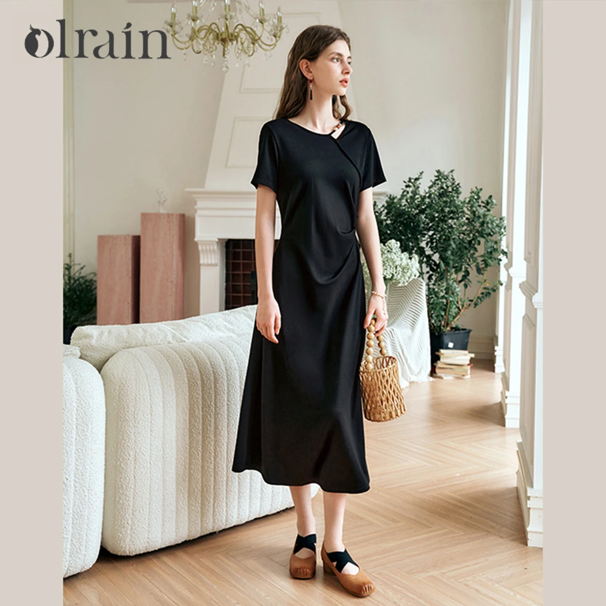 

‌OLrain Women Summer 2026 New Fashion Style Black Knitted Dress Office Wear Short Sleeve Simple Design Casual Dress O57XL91811