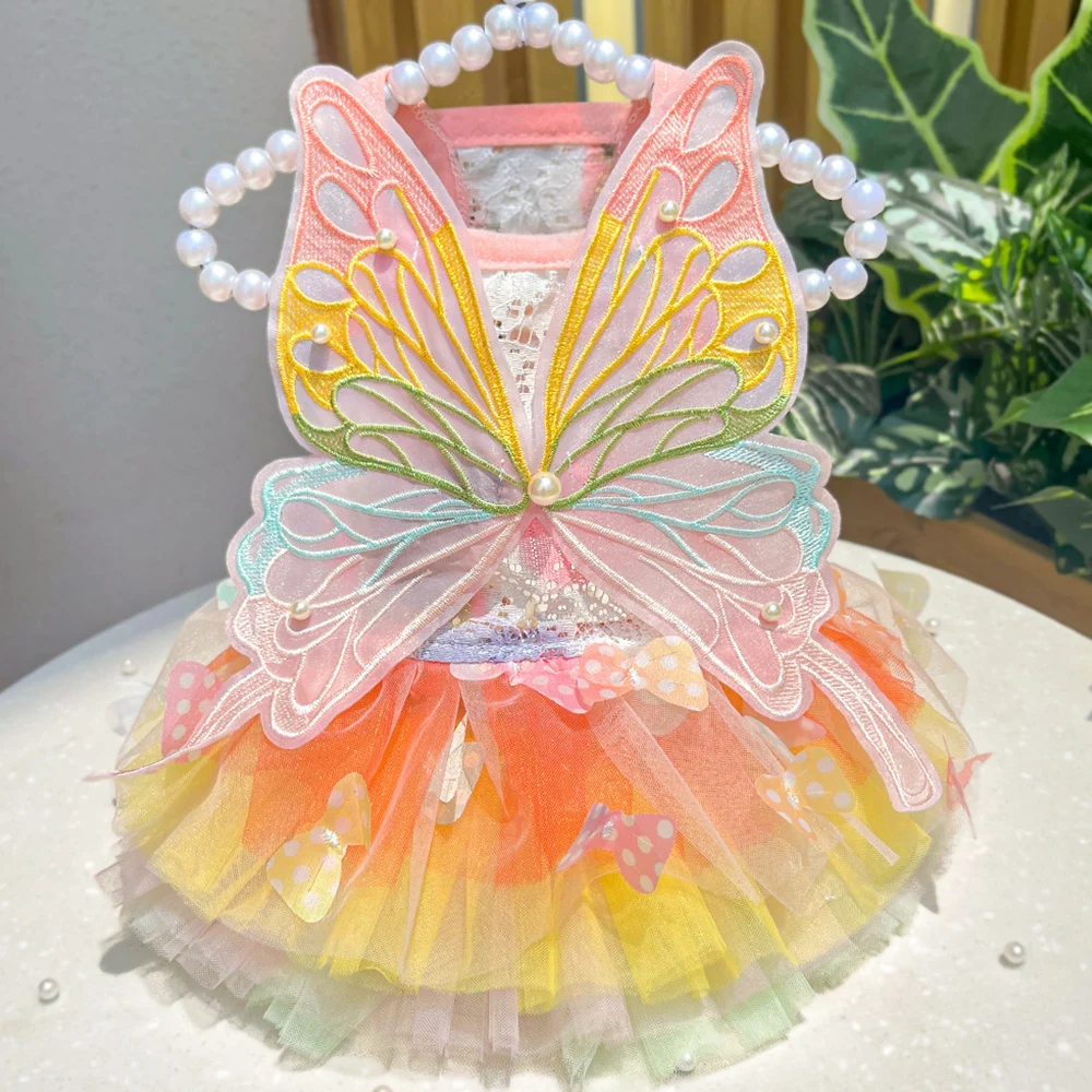 

Big Butterfly Small Dogs Clothes Mesh Lace Thin Pet Apparel Rainbow Puppy Tutu Skirt Dog Cat Dress Dog Costume For Chihuahua