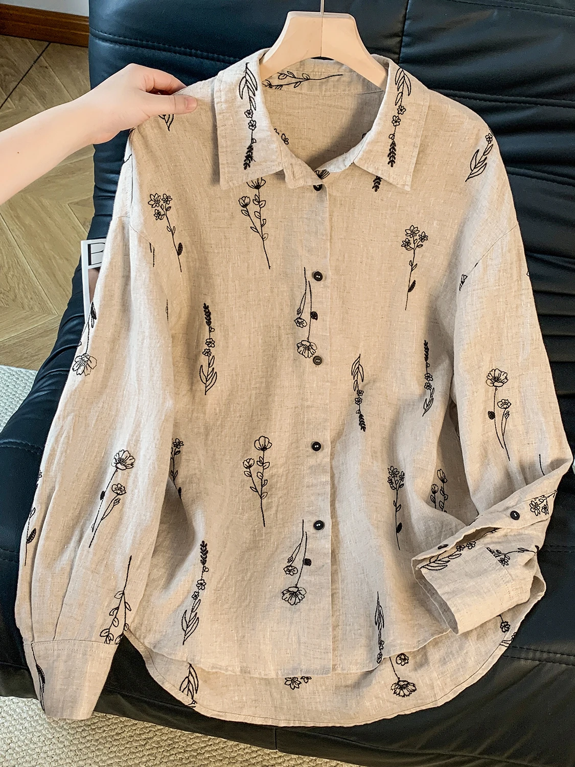 

Artistic Heavy Embroidery Linen Mid-Length Casual Open Cardigan Long Sve Women's plus Size irt Flip Collar Leisure Wear