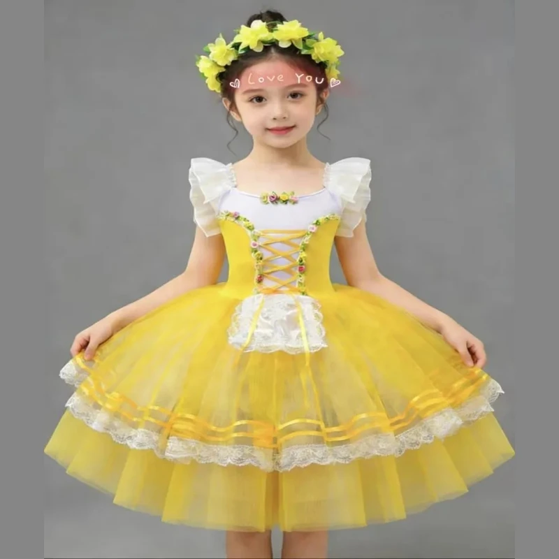 

Girls Yellow Ballet Tutu Dress Lace Flower Decorated Princess Costume For Stage Performance Yellow Ballerina Tutu Girls Dresses
