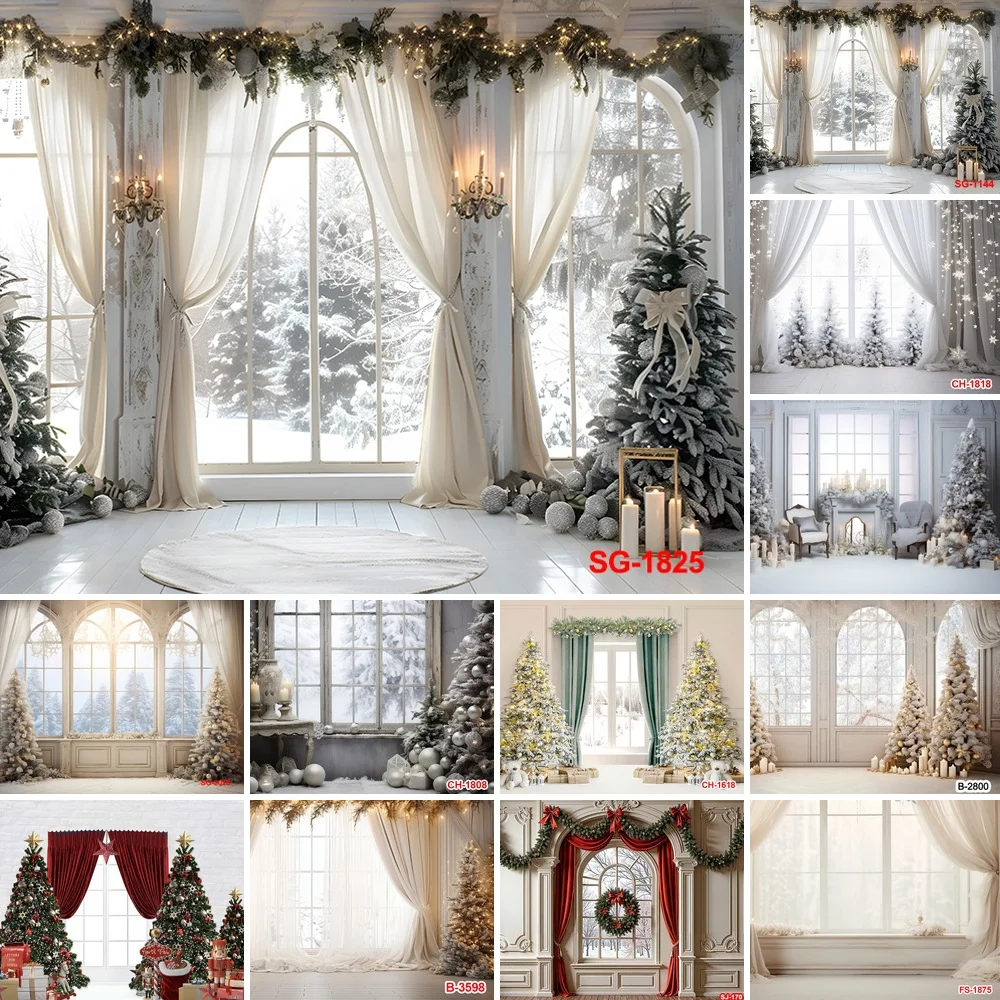 Christmas Window Photography Backdrop Airy Winter Interiors with Draped Curtains and Snowy Tree Views for Holiday Photo Sessions