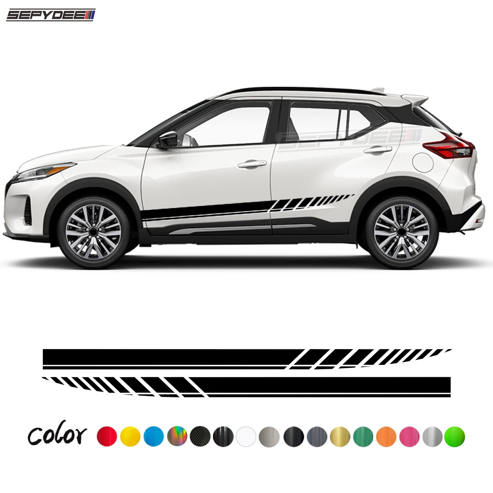 

2Pcs Car Door Side Skirt Stickers for Nissan Kicks Auto Body Long Stripes Graphic Vinyl Film Decals Car Tuning Accessories