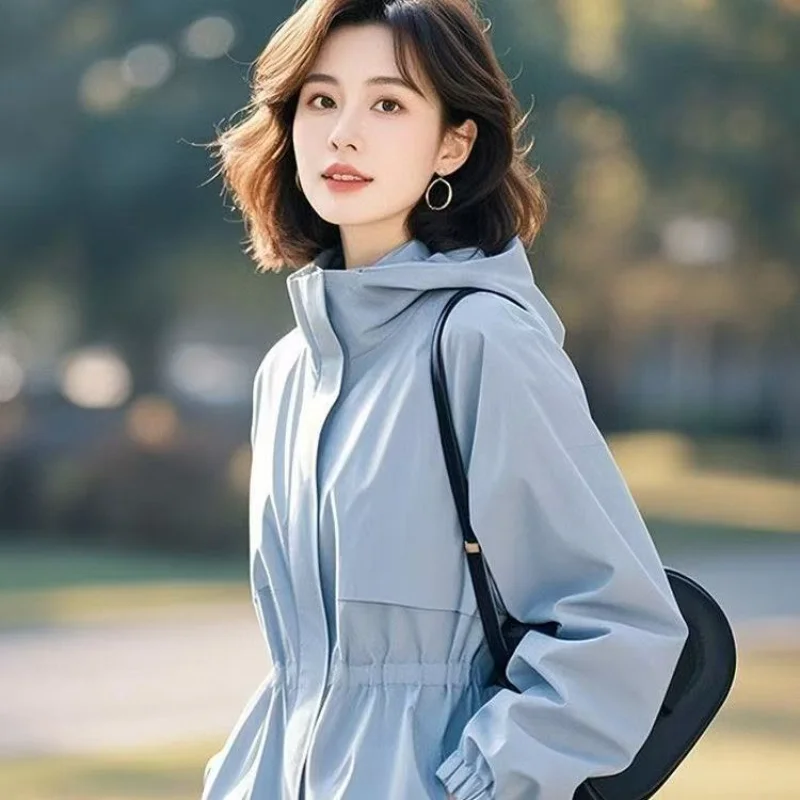 

2025 New Fashionable Jacket for Women Blue Waist-closed Hooded Thin