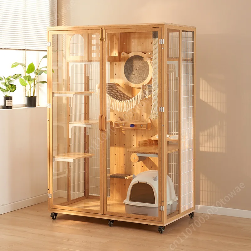Solid Wood Extra Large Panoramic Cat Cabinet Modern DIY Villa with Button Closure Space-Saving Household Free-Space Cat House
