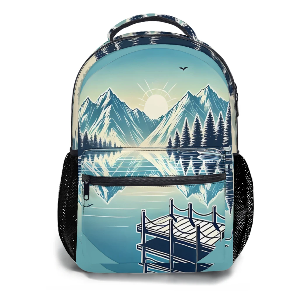 Serene Mountain Lake mochila impermeável High School, ilustração paisagem natureza pacífica, moda feminina, novo 