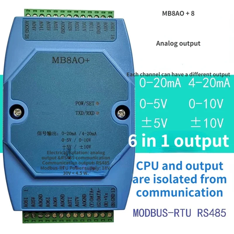 4-20mA/0-5V/0-10V/5V/10V analog output module RS485 MODBUS