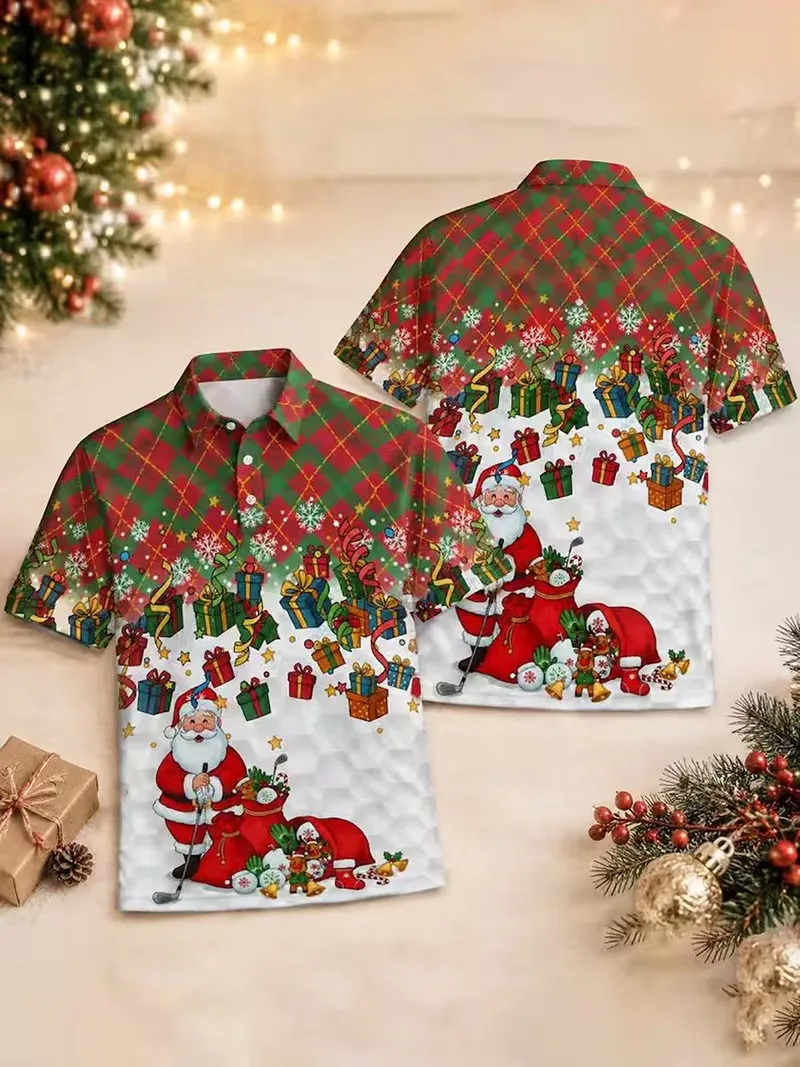 Xmas Men Polo Shirt Fake Santa Costume Beard Black Belt Print Short Sleeve Tee shirt Holiday Party Cosplay Casual Tops For Male