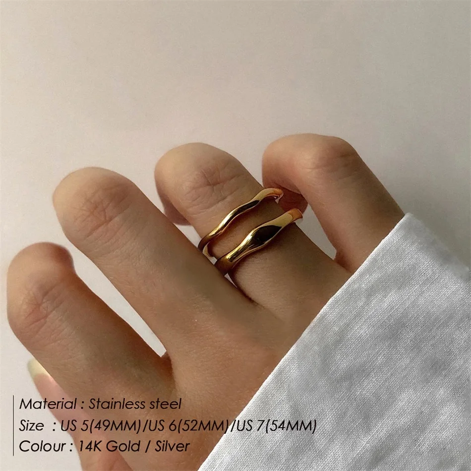 EMANCO Goldfarbene / Silberfarbene Unregelmäßige Wellenringe Trendiger Einfacher Geometrischer Handgefertigter Schmuck für Frauen und Paare – Detail 2