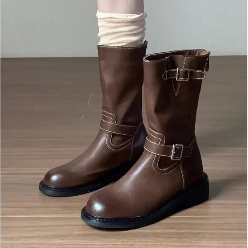 Retro Mid Calf Shoes Woman Leather New In Half High Boots for Women Spring 2024 Autumn Waterproof Footwear Large Size Warm Hot