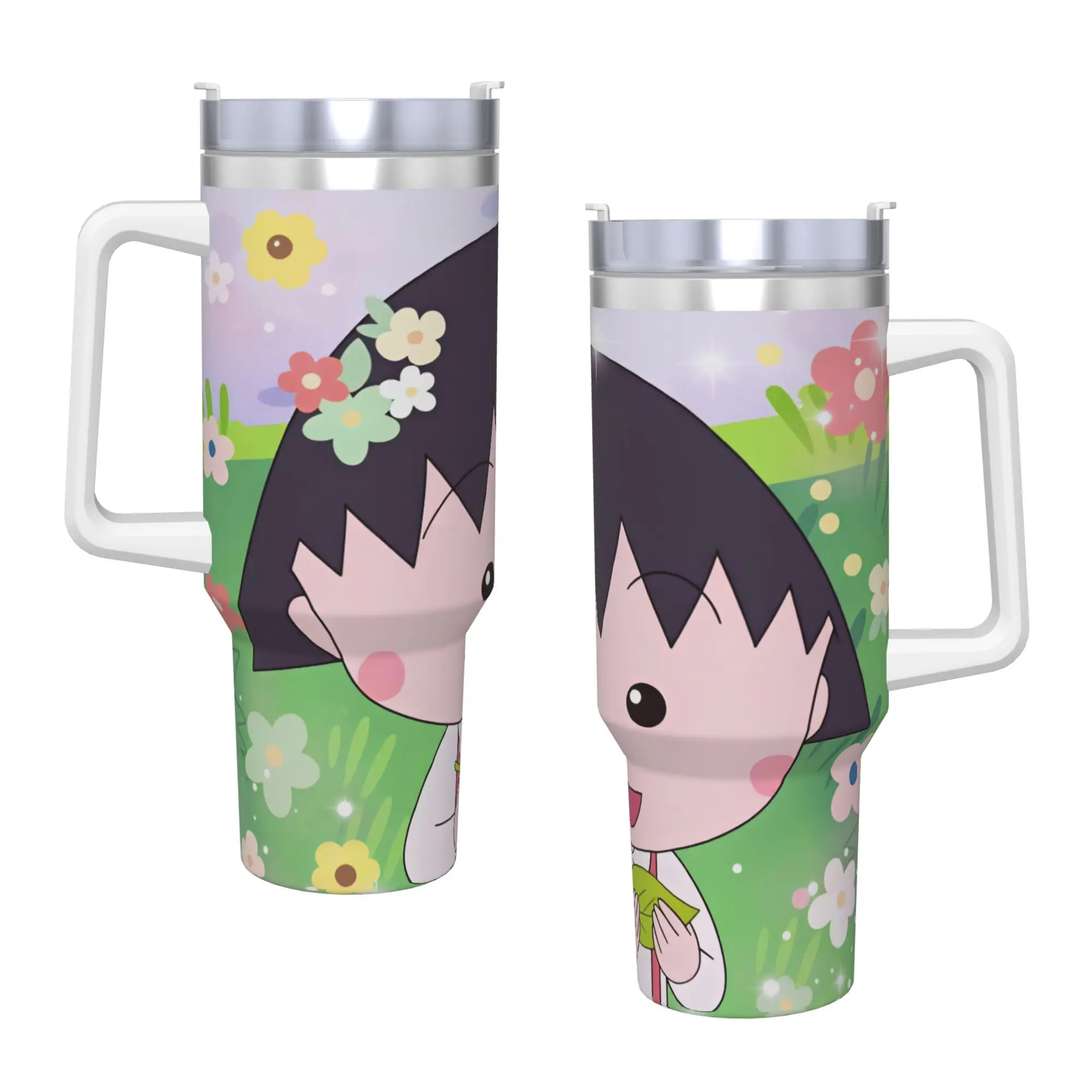 Taza de Café de Acero Inoxidable Chibi Maruko Chan con Pajitas y Tapa, Gran Capacidad, para Auto, Bebidas Calientes, Botella de Agua
