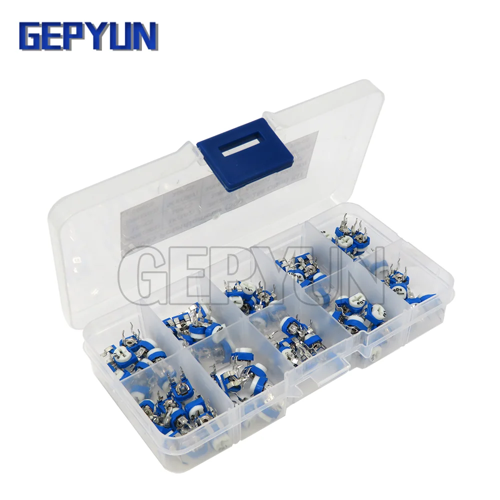 100pcs/Box RM065 Potentiometer Adjustable Resistor Kit 500 - 1M Ohm Multiturn Trimmer Potentiometer Set Variable Resistors Kit