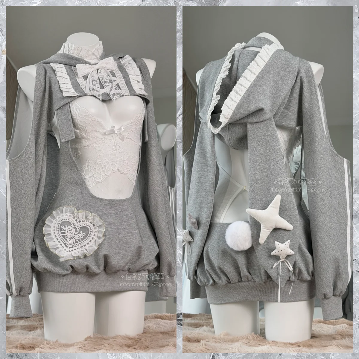 

Harajuku Kawaii Bunny Hoodie Outfit, Gray Oversized Cut‑Out Sweatshirt with Heart Lace Patch, Soft Grunge Streetwear for Women