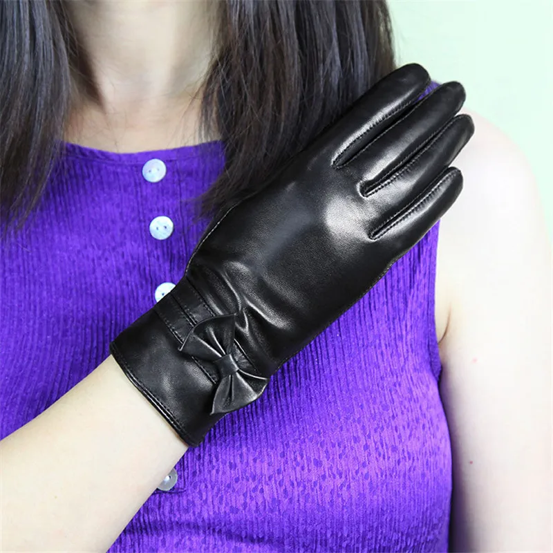 

Women's Fashion Real Leather Driving Gloves Black Sheepskin Thermal Wrist with Butterfly Knots Warm Autumn Winter Female XC-104L